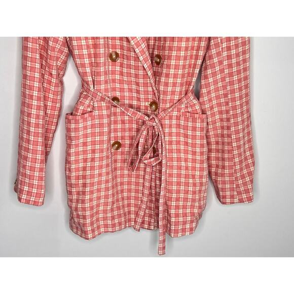 Free People Olivia Gingham Double Breasted Belted Blazer Pink & Cream Women's M - Picture 5 of 10